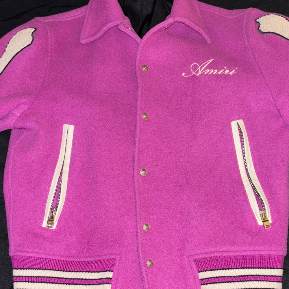 AMIRI Fuchsia Varsity Jacket with White Details